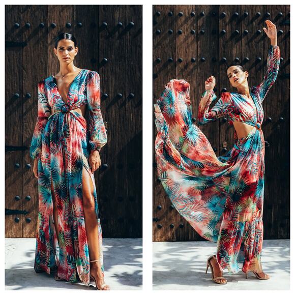 NWT Sukiso Esvedra Gown in Tropical Palm Size Small Cut Out Resort wear Wedding - Picture 1 of 14